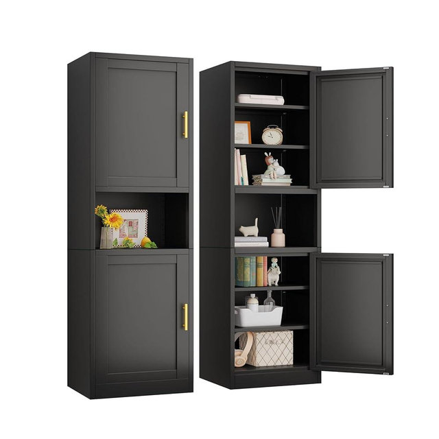 pozdeg 67" Tall Narrow Storage Cabinet Metal Bathroom Cabinet with 2 Doors & 4 Adjustable Shelves, Standing Pantry Cabinets Cupboard for Kitchen, Dining Room, Living Room and Bathroom (Black)