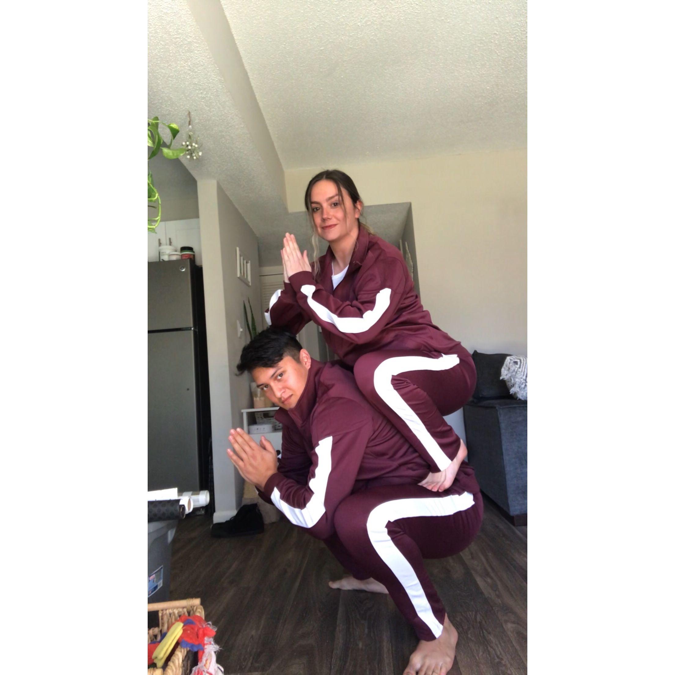 The matching tracksuits Trevor got us for Christmas
