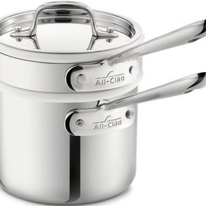 All-Clad 42025 Stainless Steel 3-Ply Bonded Dishwasher Safe Sauce Pan with Porcelain Double Boiler and Cookware Lid, 2-Quart, Silver
