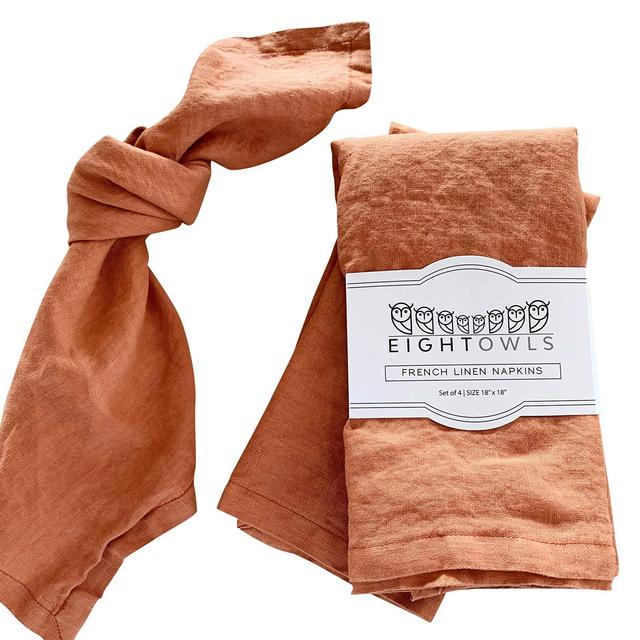 Eight Owls Linen Napkins -100% French Flax - Stonewashed Pure Linen Cloth Napkins - Size 18 Inch x 18 Inch - Set of 4 (Rustic Orange)