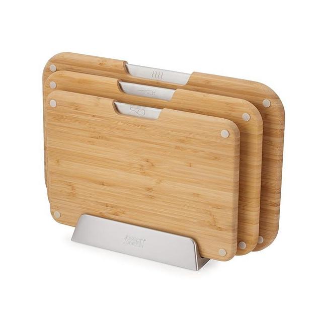 Joseph Joseph Nest™ Boards 3-Piece Bamboo Cutting Board Set, Double-Sided, Non-Slip Feet, Stainless-Steel Tabs, Food Icons, Metal Stand