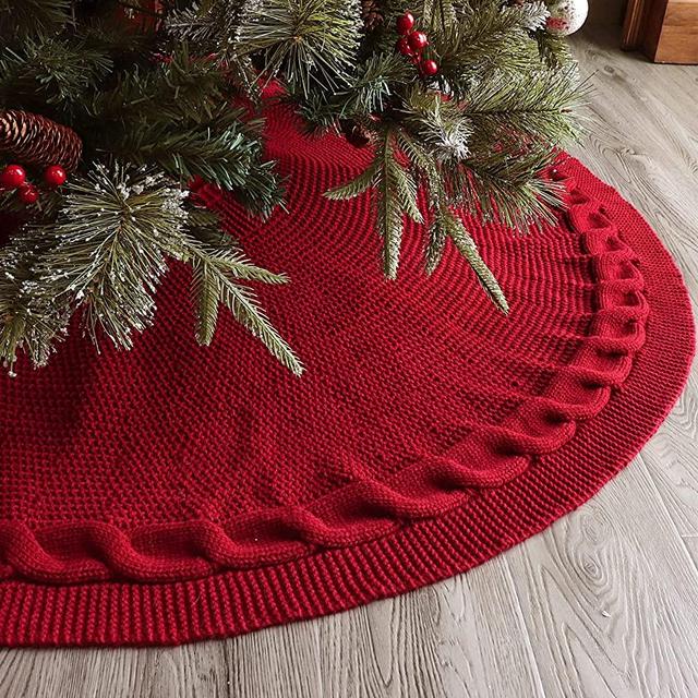 LimBridge Christmas Tree Skirt, 36 inches Cable Knitted Thick Rustic Tree Skirts, for Xmas Decor Holiday Decoration, Burgundy