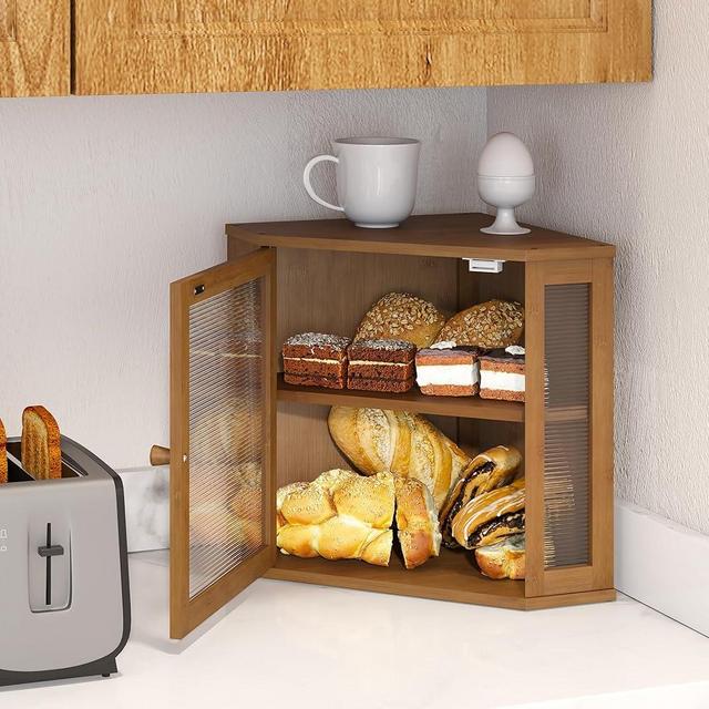 BMOSU Corner Bread Box for Kitchen Countertop Double Layer Large Capacity Bread Storage Bin Farmhouse Bread Container Breadbox Bamboo Wooden Bread Storage And Organizer (Brown, Medium)