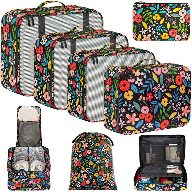 BAGAIL 8 Set Packing Cubes Luggage Packing Organizer Bags for Travel Accessories-Black Floral