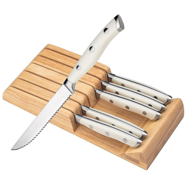 Alata 6-Piece White Steak Knives Set with Block, Stainless Steel Steak Knife set with Serrated Edge, Razor-Sharp, Full-Tang Construction