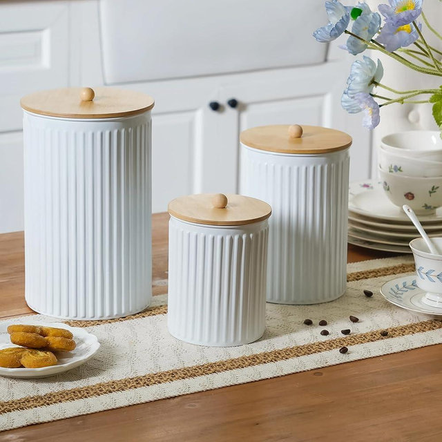 HOME PALETTE Kitchen Canister Set of 3 Tea Coffee Sugar Containers with Airtight Bamboo Lids Food Flour Storage for Countertop Metal White Vertical Stripe Pattern Embossed Farmhouse Decor