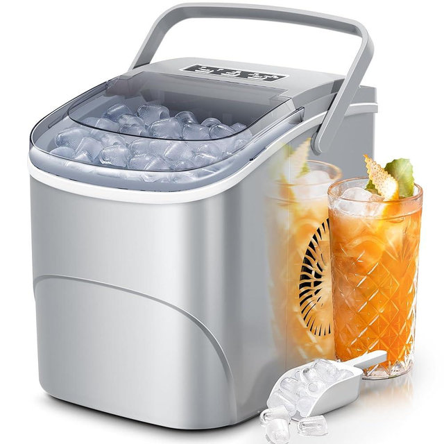 Electactic Ice Makers Countertop,26Lbs/24H,9 Cubes in 6 Mins,Portable Ice Maker Machine with Self-Cleaning,2 Sizes of Bullet Ice,Perfect for Home Kitchen(Grey)