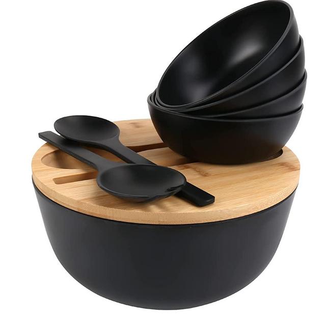 ShineMe Salad Bowls, Large Salad Bowl with Lid and Servers, Bamboo Salad Bowl Set with 4Pack Small Serving Bowls, 9.8inches Solid Wooden Bowl for Salad, Fruits, Vegetables and Pasta(Matt Black)