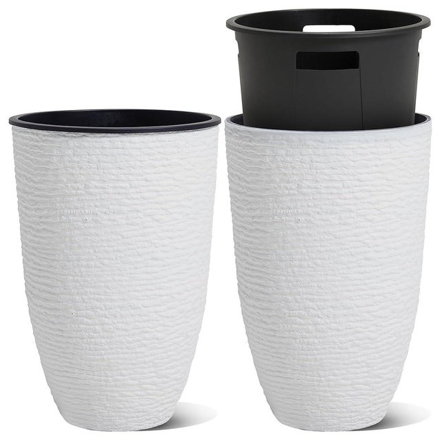 Worth Garden 2-Pack 21" H. White Tall Planters with Inside Pots - 14'' Dia Plastic Large Round Plant Tree Pots - Decorative Imitation Stone Finish for Indoor Outdoor Front Porch Container Patio