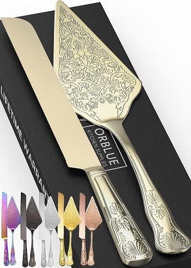 Orblue Wedding Cake Knife and Server Set - Premium, Beautifully Engraved Cutting Set - Elegant Keepsake for Newlyweds Light Gold