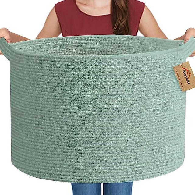 MEGASKET Extra Large Green Basket, 22" X 22" X 14" Woven Cotton Rope Baskets for Storage, Large Wicker Basket, Green Toy Storage Bins Basket, Green Room Office Decor Baskets for Organizing, XXL Basket