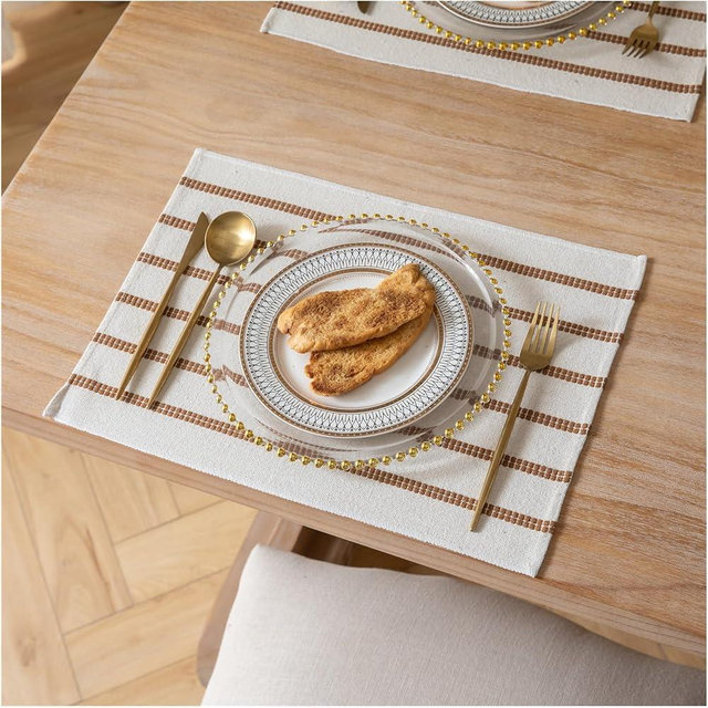 Caflife Boho Farmhouse Placemats Set of 6, Brown Stripes Cotton Linen Woven Table Mats for Modern Dining Table, 13x19 Inch Rustic Kitchen Decor Place Mats