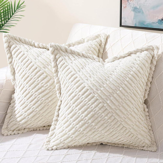 decorUhome Decorative Cream White Throw Pillow Covers 20x20 Set of 2 with Splicing, Boho Soft Corduroy Broadside Twill Pillow Covers for Couch Bed Sofa Living Room