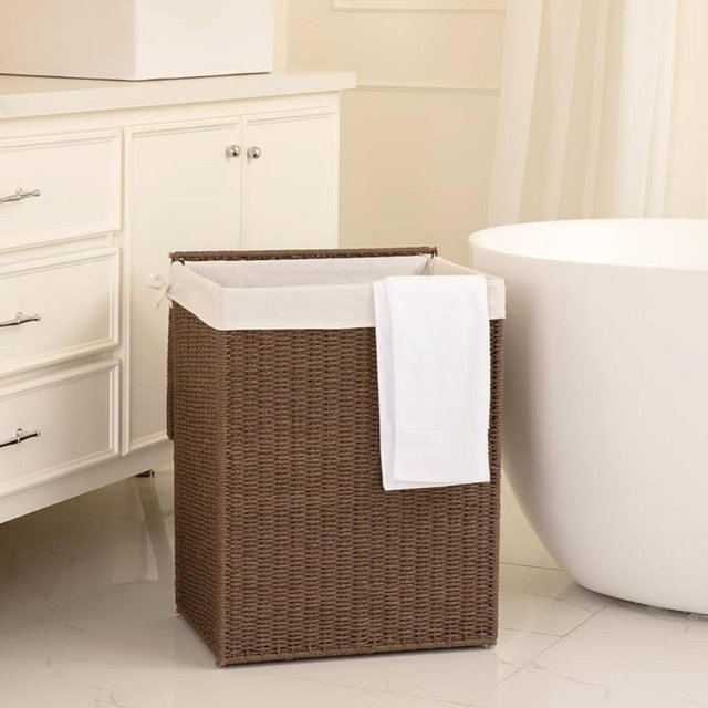 OIAHOMY Laundry Hamper with Lid, 23.8 Gal (90L) Wicker Hamper with Removable Liner Bags, Handwoven Clothes Basket with Handles, Foldable Woven Paper Rope Basket for Laundry Room, Bedroom-Brown