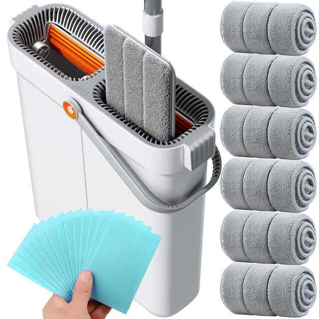 POPMOP Flat Mop and Bucket System - Mop and Bucket with Wringer Set for Home | Wet Dry Mop for Apartment, Tiny Home, Windows, Wall, Hardwood Floor, RV with 6 Reusable Microfiber Cloth
