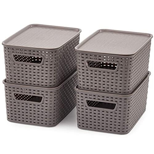 EZOWare Pack of 4 Small Plastic Baskets with Lid, Stackable Lidded Knit Storage Organizer Bins Perfect for Storing Small Household Items - Gray / (11 x 7.3 x 5.1 inch)