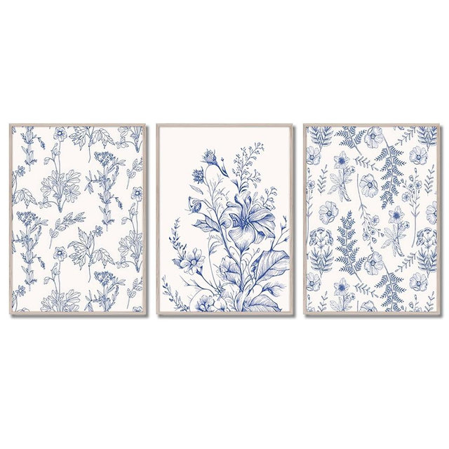 Blue Flower Wall Art Posters Set of 3,Chinoiserie Floral Wall Decor, Wildflower Floral Canvas Painting Prints,Botanical Wall Art,Blue and White Pictures for Bathroom Bedroom 12x16 in UnFramed