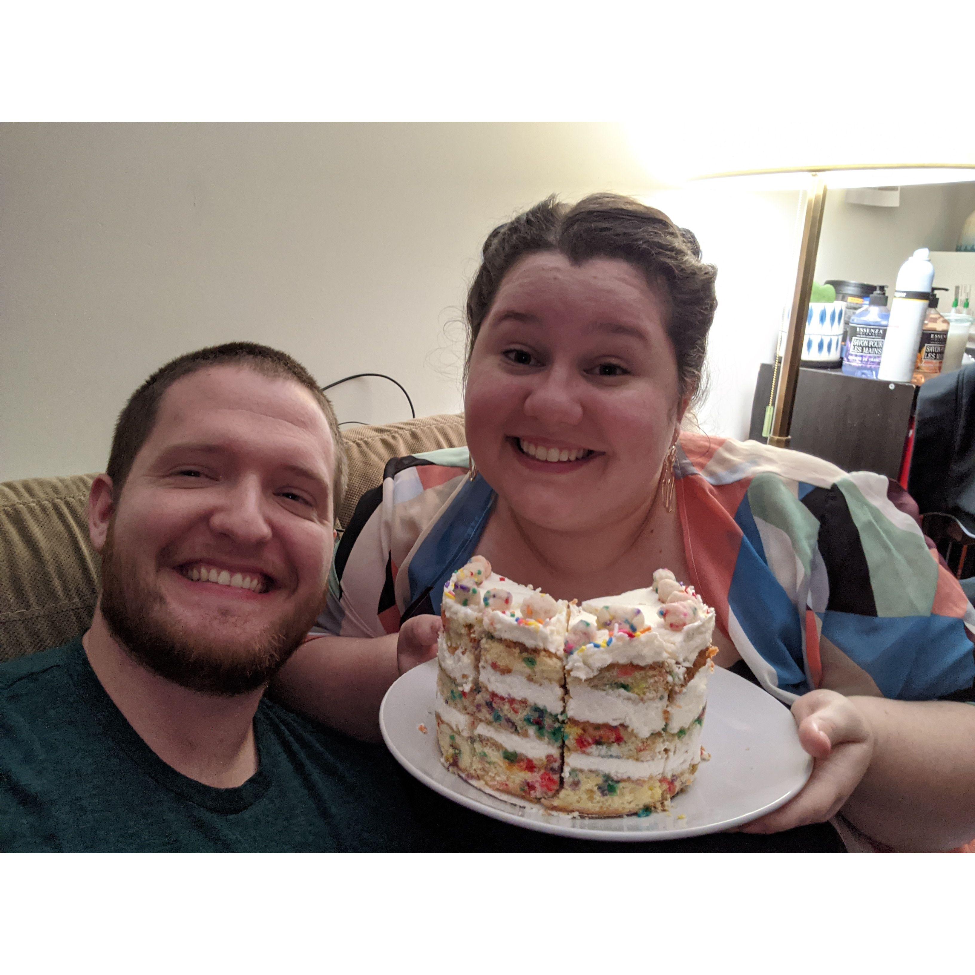 Celebrating Jamiee's birthday in quarantine in Alex's studio apartment, October 2020.