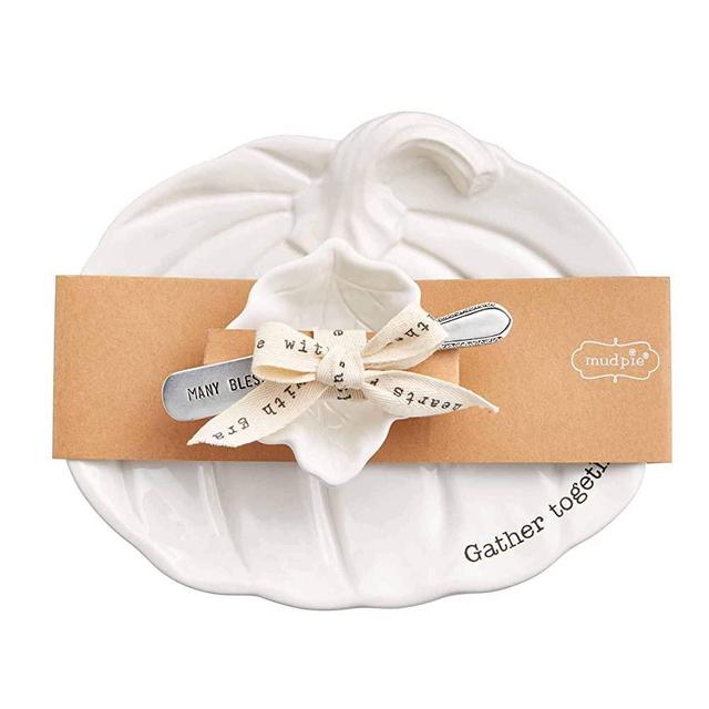 Mud Pie Pumpkin Plate and Bowl Set, White, 8 1/4" x 10" | 2" x 4" Dia | 5 1/2"