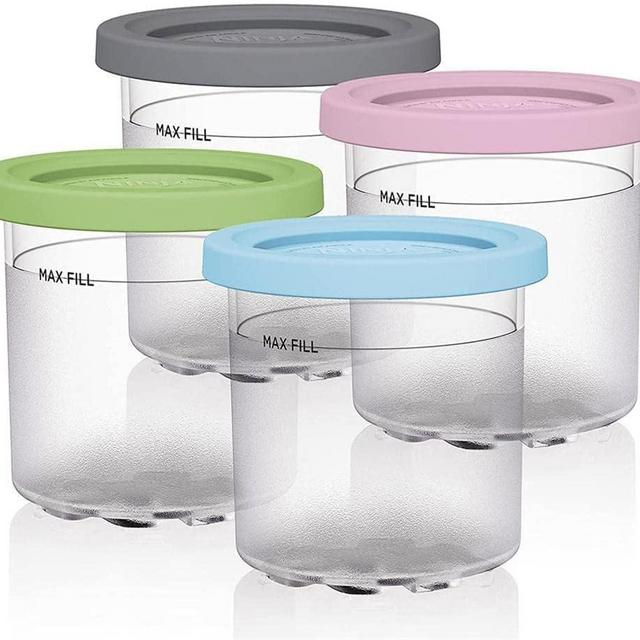 Containers Replacement for Ninja Creami Pints and Lids - 4 Pack, 16oz Cups Compatible with NC301 NC300 NC299AMZ Series Ice Cream Maker - Dishwasher Safe, Leak Proof Lids Pink/Mint/Grey/Blue