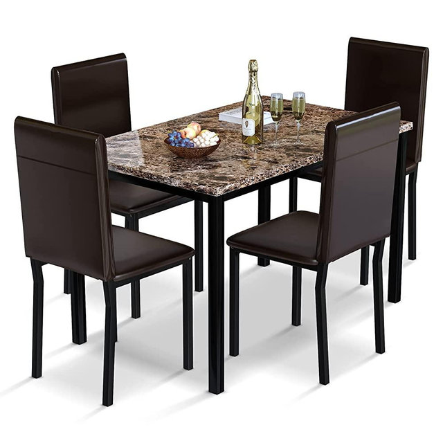AWQM 5 Piece Dining Table Set for 4,Faux Marble Kitchen Table and Chairs for 4, Modern Dining Room Table Set with PU Leather Chairs, Dinette for Small Spaces,Breakfast Nook,Living Room, Brown