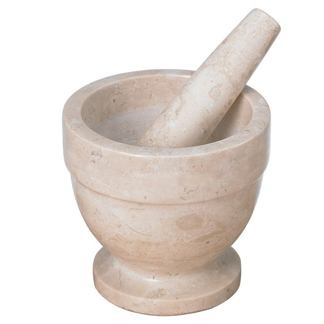 Creative Home Natural Champagne Marble Mortar and Pestle Set Spice Grinder Guacamole Molcajete Bowl Kitchen Spices Herbs Pesto Grinder, 5.9 Diam. x 5.9 H Inch, Beige