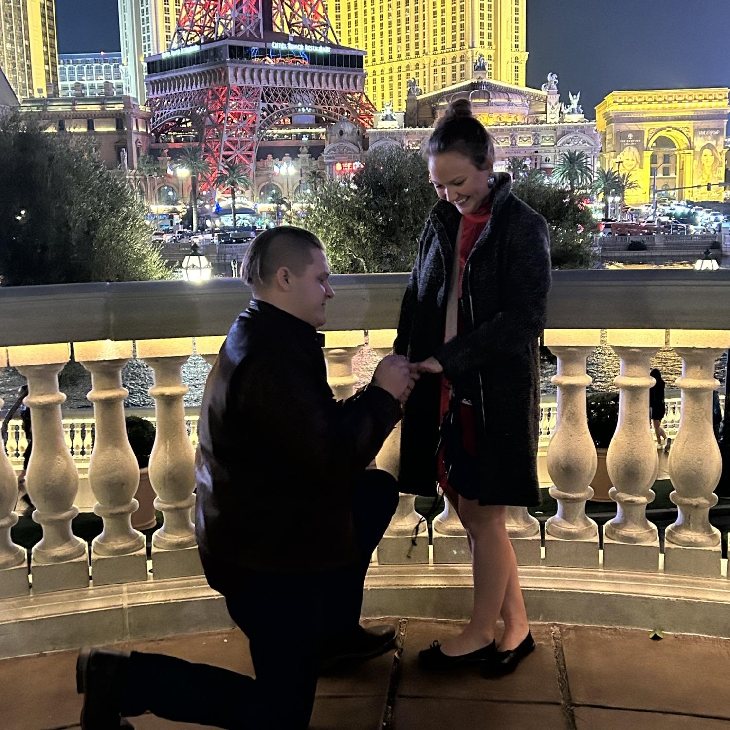 She said YES! Right in front of the Bellagio fountains in Las Vegas.