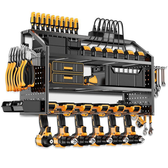 LBT Power Tool Organizer Wall Mount with Charging Station. Patented, Heavy Duty Steel, Garage 6 Drill Storage Shelf, 8 Hooks,2 Screw Boxes,6 Outlets Power Strip, Easy Install Power Tool Storage Rack.
