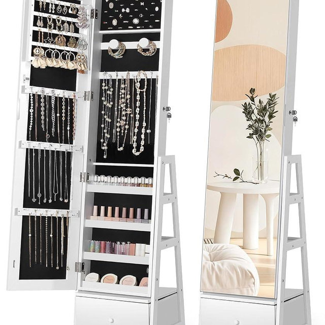 Nicetree 360°Swivel Jewelry Cabinet, Rotatable Full Length Mirror with Jewelry Storage, Standing Jewelry Armoire Organizer, Lockable Jewelry Organizer with 3 Rear Shelves, Bottom Drawer, Pure White