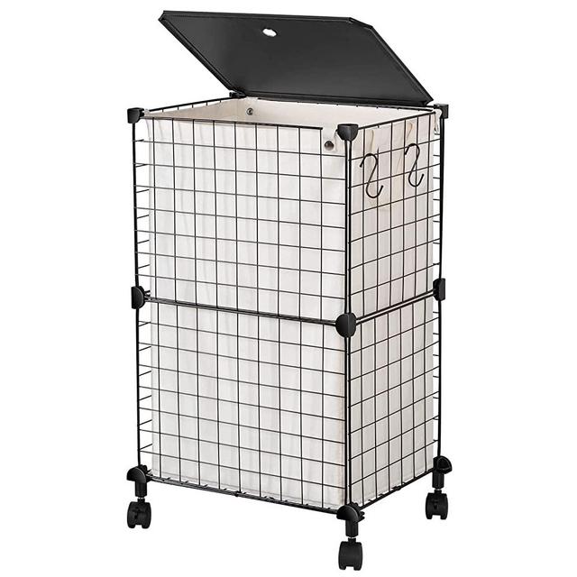 WOWLIVE Iron Wire Laundry Hamper with Lid, Foldable Laundry Basket with Wheels and Removable bags，Collapsible Dirty Clothes Hamper Organizer Dorm Room Storage for Bedroom, Bathroom (Black)