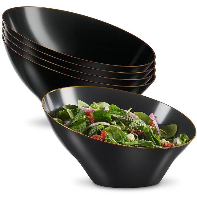 PLASTICPRO Angled Plastic Bowls Disposable Large Plastic Black Serving Bowls with Gold Rim for Party for Appetizer Salads Pack of 4