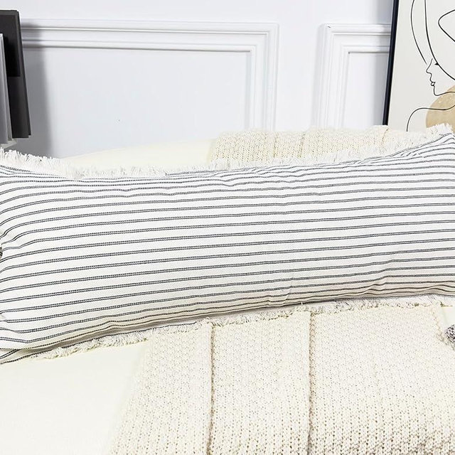 PANOD Boho Extra Long Lumbar Pillow Cover, 14x36, Cotton Linen Decorative Long Lumbar Throw Pillow Case for Bed, Sofa, Couch, Farmhouse, Living Room, Black