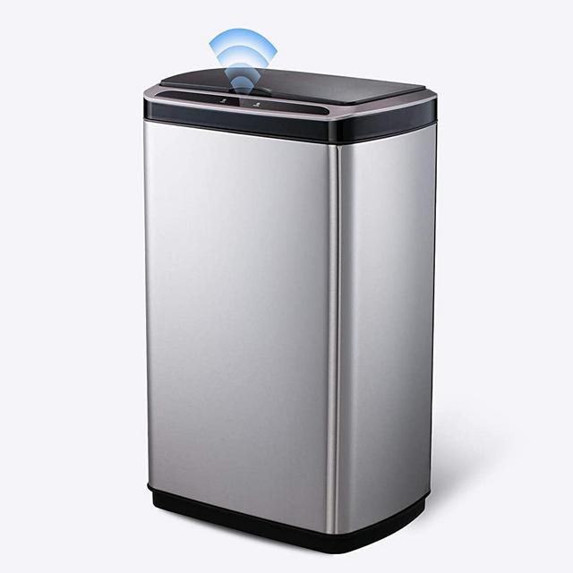 SANIWISE Automatic Sensor Trash Can with Lid 50 Liter, 13 Gallon Stainless Steel Garbage Bin Powered by Batteries (not Included) for Kitchen, Office, Home - Silent and Gentle Open and Close