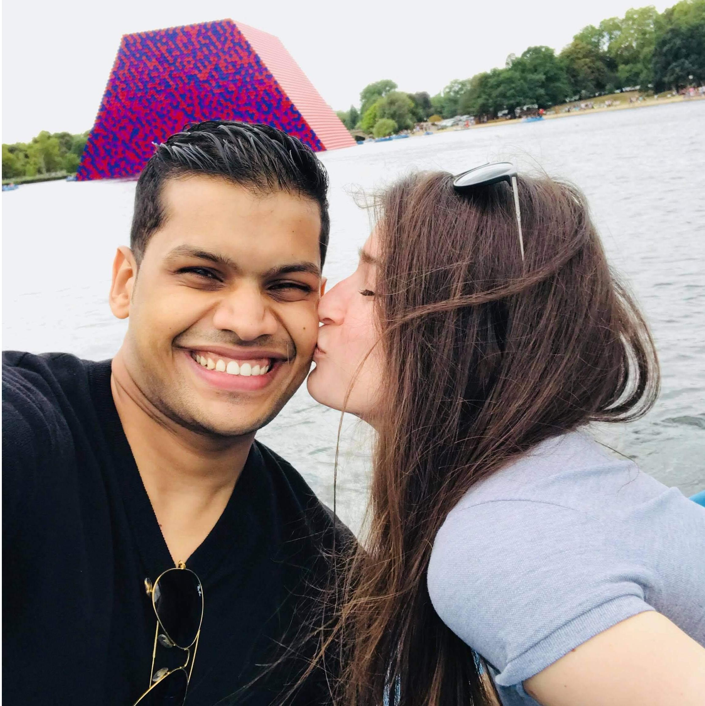 Summer 2018, they rented a pedal boat in Hyde Park. Agnello did the most of the pedaling.