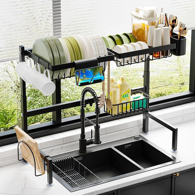 ADBIU Over The Sink Dish Drying Rack (Expandable Height and Length) Snap-On Design 2 Tier Large Dish Rack (23" - 34" L x 11" W x 19" - 21.5" H)