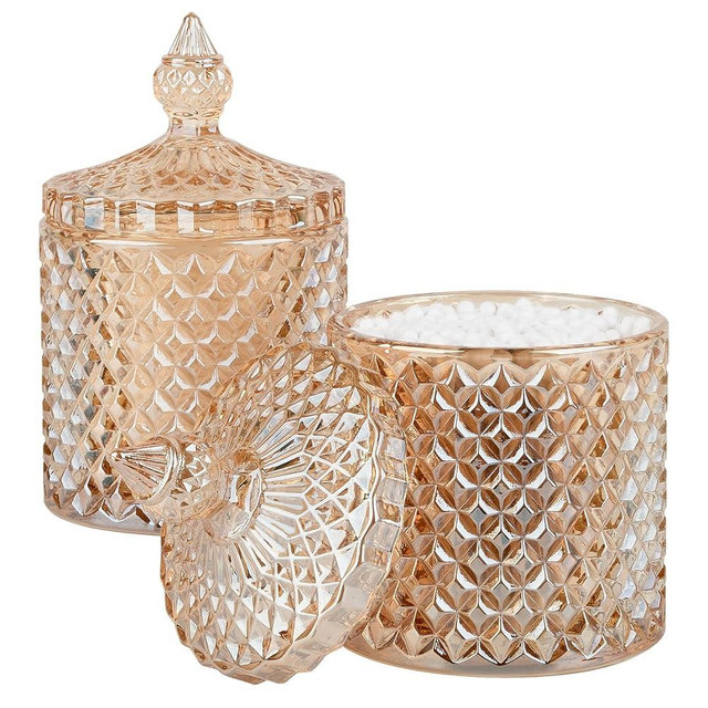 2 Pack Qtip Holder Thick Glass Apothecary Jars with Lid for Bathroom Decor Storage Organizer for Cotton Swabs, Balls, Pads, Floss Picks, Candy, Jewelry, Amber