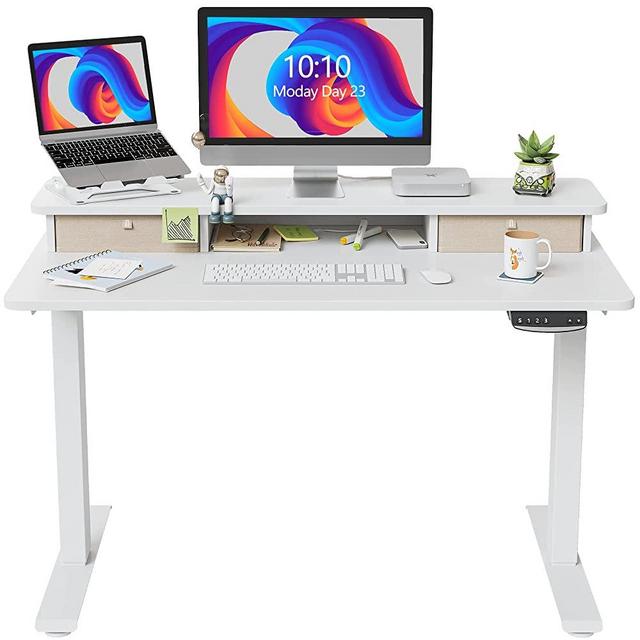 FEZIBO Height Adjustable Electric Standing Desk with Double Drawer, 48 x 24 Inch Stand Up Table with Storage Shelf, Sit Stand Desk with Splice Board, White Frame/White Top