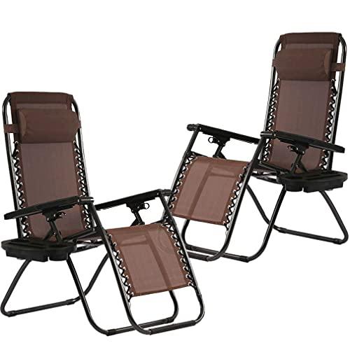 Zero Gravity Chairs Set of 2 with Pillow and Cup Holder Patio Outdoor Adjustable Dining Reclining Folding Chairs for Deck Patio Beach Yard (Brown)