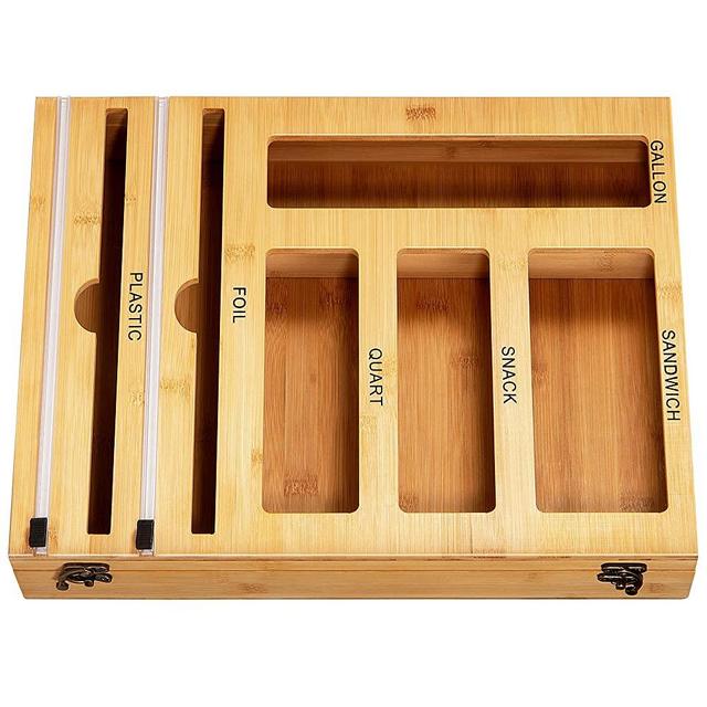Ziplock Bag Organizer Bamboo for Drawer, Foil and Plastic Wrap Organizer with Cutter, 6 in 1 Wrap Dispenser with Cutter, Baggie Organizer Suitable for Gallon Quart Sandwich & Snack Bag