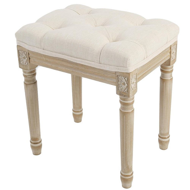 Yusong Vanity Stool Upholstered Bench Seat for Makeup Room, Vintage Small Bedroom Bench Dining Bench with Tufted Fabric for Living Room, Piano Stool with Rustic Wood, Easy Assemble,Beige