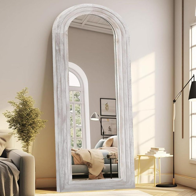 ZHUNFA Arched Full Length Mirror with Solid Wood Frame, 65x22 Farmhouse Wall Mirror Full Length with Stand, Vertical Hanging, Leaning Standing for Bedroom, Living Room, Rustic White
