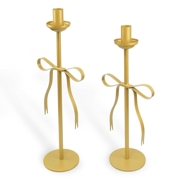 Gold Candlestick Holders Set of 2 Weighted Metal Bow Taper Candle Holders Vintage Candle Stick Holder Candelabra for Holiday Home Decor Fireplace Mantel Wedding Party Housewarming Gift