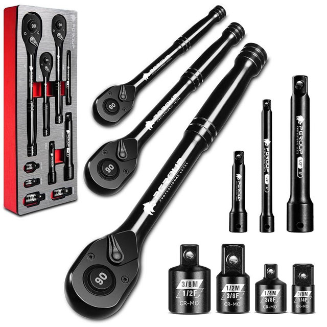 zhax 10-Piece Ratchet Set, 1/4”, 3/8”, 1/2” Drive 90-Tooth Ratchets & Accessories, Quick Release Reversible Ratchet Wrenches with Extension Bars & Socket Adapters for Repairing Home DIY
