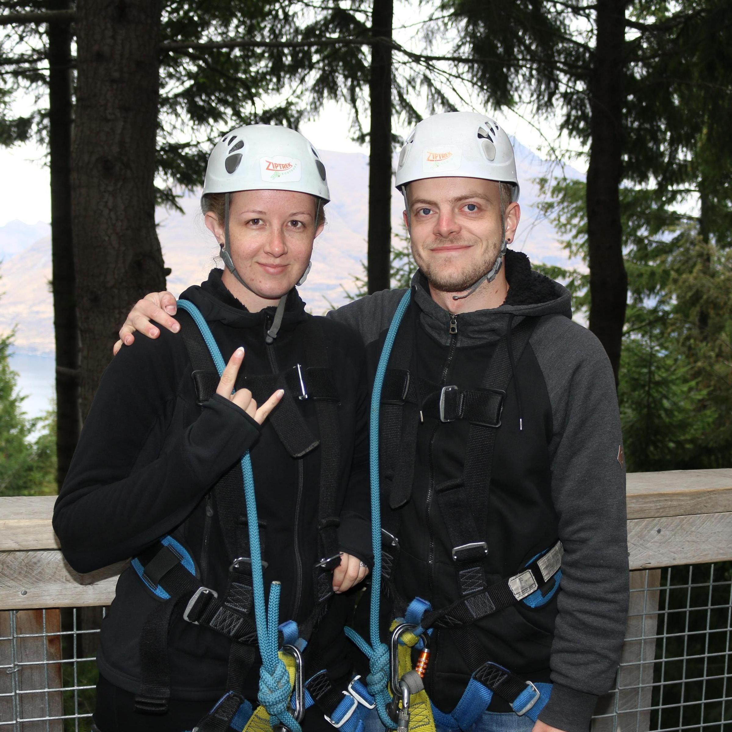Me and Ben before the zipline tour in Queenstown in February 2019. (I'm still amazed he agreed to do it!)
