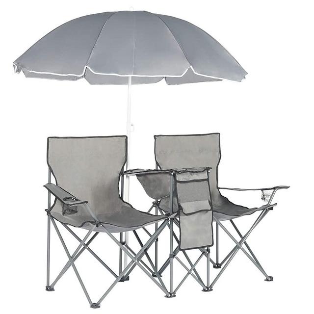Double Folding Camping Chairs, Adjustable Beach Chair with Removable Umbrella, Picnic Double Folding Chair W/Umbrella Cooler Table Beverage Holder, Fold Up Beach Chair Portable for Outdoor (Grey)