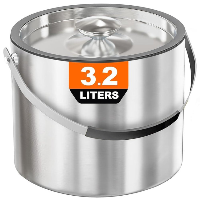3.2L Insulated Ice Bucket with Silicone Lid, Scoop & Strainer, Double Wall Stainless Steel Ice Bucket for Parties and Cocktail Bar, Upgraded Silicone Cover Keep Ice Frozen Longer