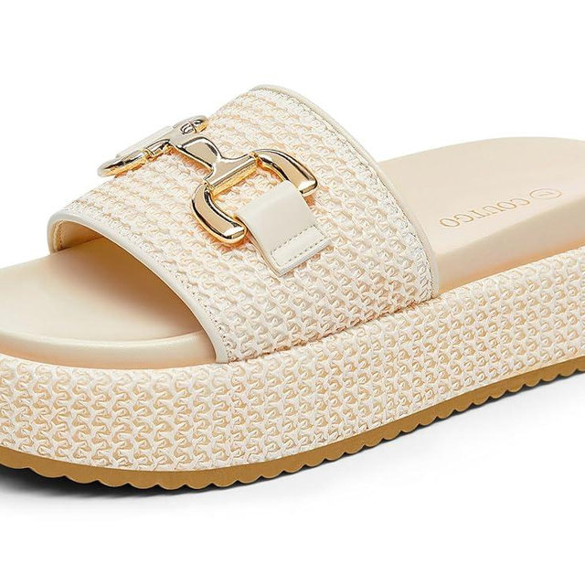 Coutgo Womens Platform Sandals Raffia Espadrilles Metal Chain Slip on Open Toe Cute Beach Slide Sandals