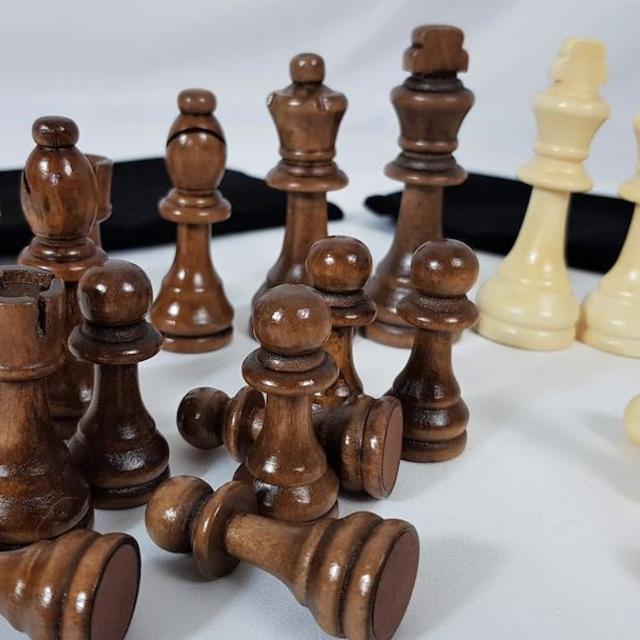 Handmade Wooden Chess Pieces, Set of 32 wooden Dark Brown and Cream with a bag of black velvet. Size 3.7 & 3 inch. Best friend gift.