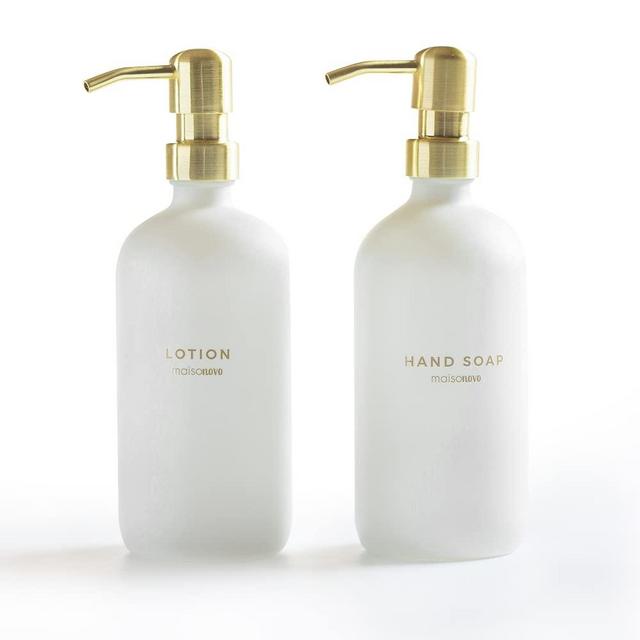 MaisoNovo Glass Soap Dispenser with Pump | Vintage Soap Dispenser Bathroom and Kitchen Set w. Dish Soap, Hand Soap, Lotion Waterproof Labels | White Bottles with Gold Pumps - Set of 2