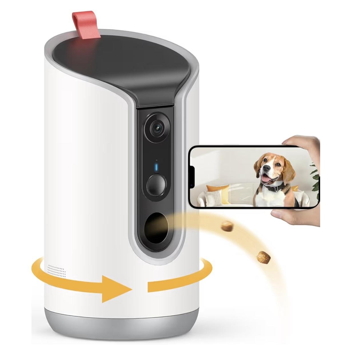 2K Pet Camera Treat Dispenser, 360°View Dog Camera with Phone App, 5G&2.4G WiFi 2-Way Talk Pet Cam Indoor for Cats Remote Treat Tossing, Motion Alerts, Auto Tracking